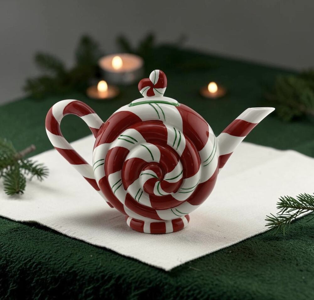 Vintage Dept. 56 Peppermint Swirl Ceramic Holiday Teapot- Unused, Rare 11"